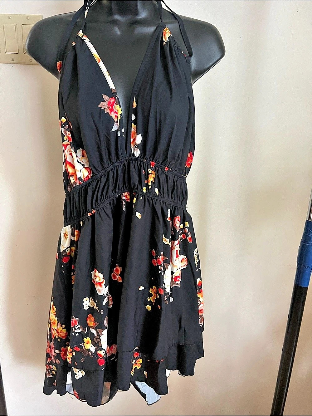 Floral Halter Mini Dress in Black & Red Like New